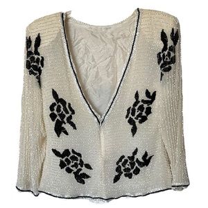 Vintage 80s White Beaded Fancy Silk Blouse White Black Large